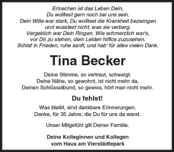 Traueranzeige von Tina Becker von  Kreisanzeiger
