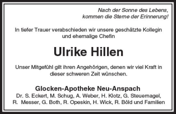 Traueranzeige von Ulrike Hillen von  Usinger Anzeiger