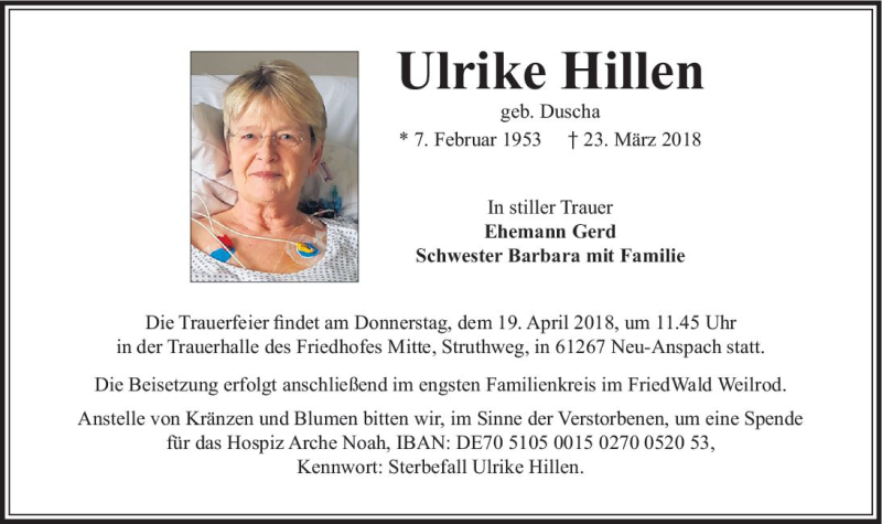  Traueranzeige für Ulrike Hillen vom 28.03.2018 aus  Usinger Anzeiger
