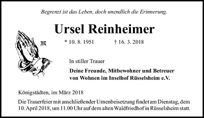  Traueranzeige für Ursel Reinheimer vom 31.03.2018 aus Trauerportal Rhein Main Presse