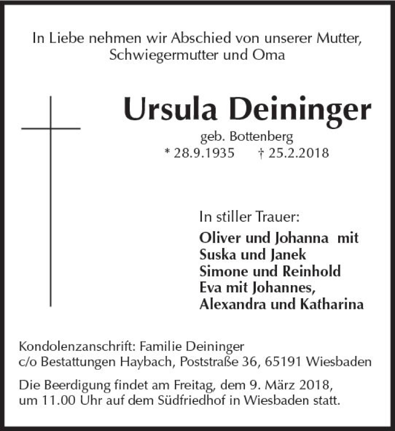  Traueranzeige für Ursula Deininger vom 03.03.2018 aus Trauerportal Rhein Main Presse