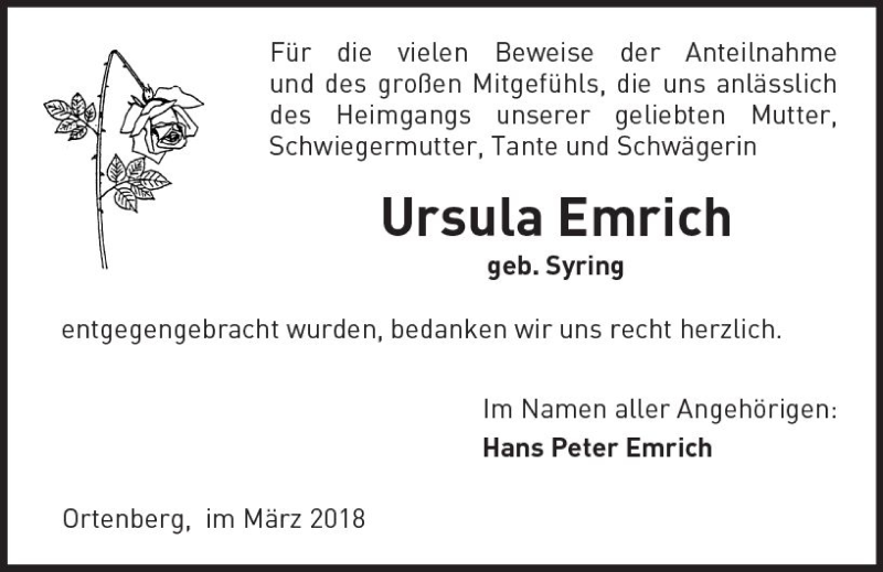  Traueranzeige für Ursula Emrich vom 24.03.2018 aus  Kreisanzeiger