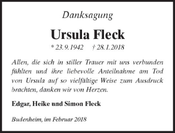 Traueranzeige von Ursula Fleck von Trauerportal Rhein Main Presse