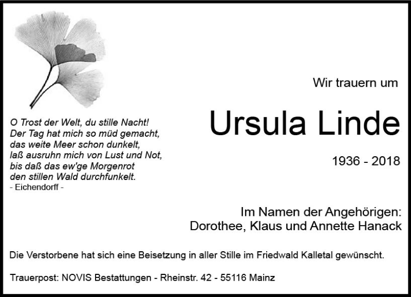  Traueranzeige für Ursula Linde vom 03.03.2018 aus Trauerportal Rhein Main Presse