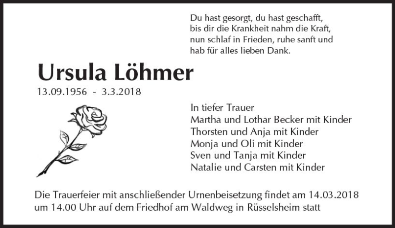  Traueranzeige für Ursula Löhmer vom 10.03.2018 aus Trauerportal Rhein Main Presse