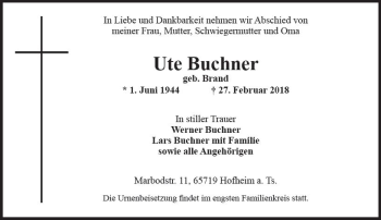 Traueranzeige von Ute Buchner von Trauerportal Rhein Main Presse