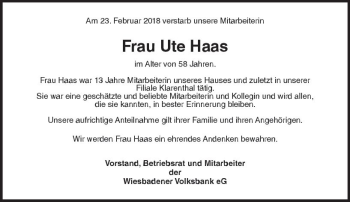 Traueranzeige von Ute Haas von Trauerportal Rhein Main Presse