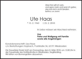 Traueranzeige von Ute Haas von Trauerportal Rhein Main Presse