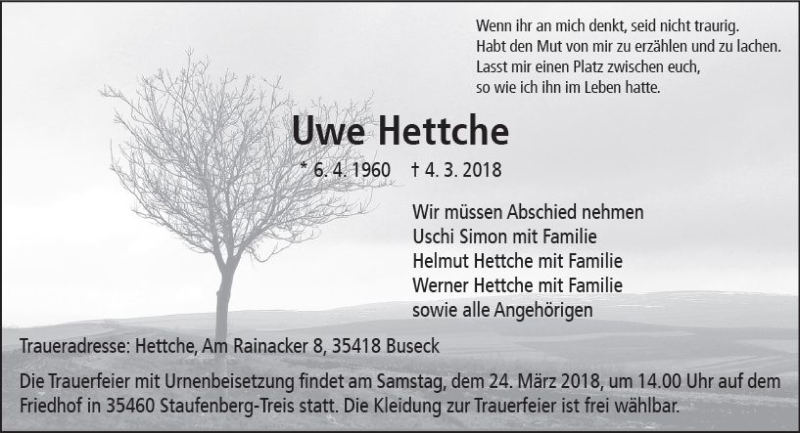  Traueranzeige für Uwe Hettche vom 21.03.2018 aus  Gießener Anzeiger