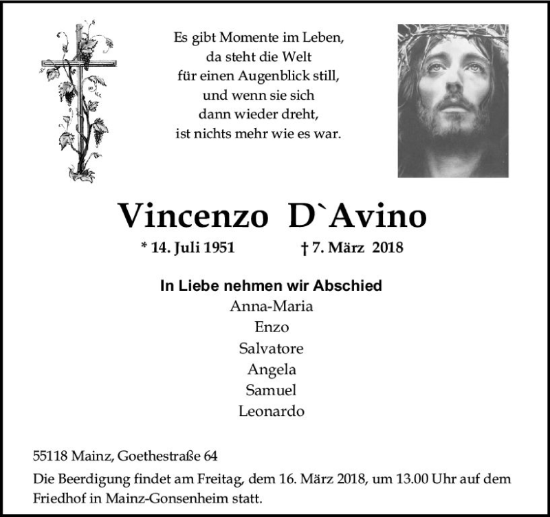  Traueranzeige für Vincenzo D´Avino vom 14.03.2018 aus Trauerportal Rhein Main Presse