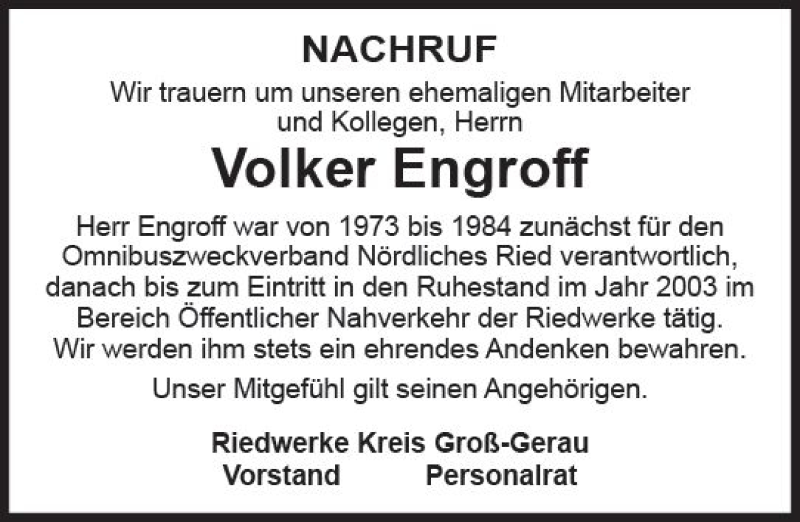  Traueranzeige für Volker Engroff vom 21.03.2018 aus Trauerportal Rhein Main Presse