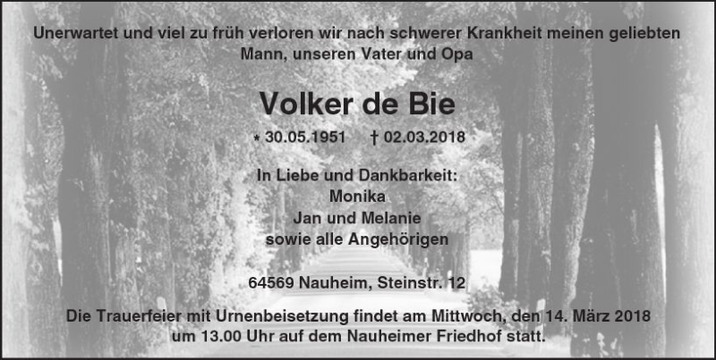  Traueranzeige für Volker de Bie vom 10.03.2018 aus Trauerportal Rhein Main Presse