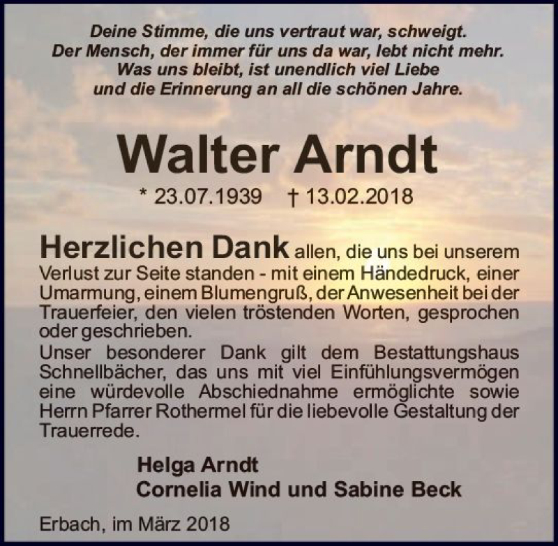  Traueranzeige für Walter Arndt vom 10.03.2018 aus Trauerportal Rhein Main Presse