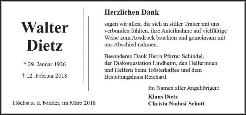  Traueranzeige für Walter Dietz vom 03.03.2018 aus  Kreisanzeiger