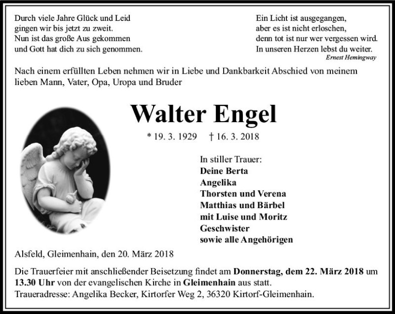  Traueranzeige für Walter Engel vom 20.03.2018 aus VRM Trauer