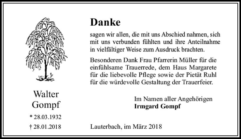  Traueranzeige für Walter Gompf vom 17.03.2018 aus VRM Trauer