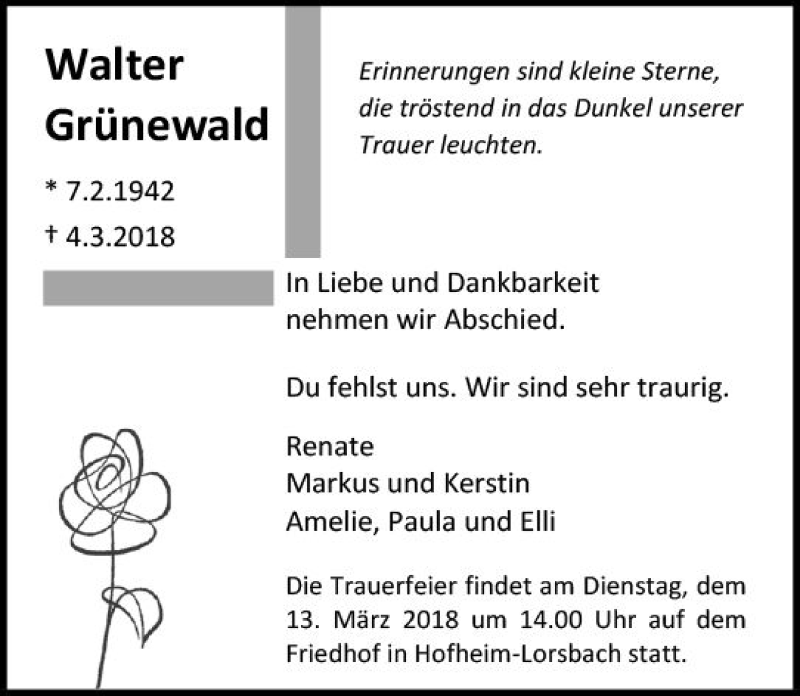  Traueranzeige für Walter Grünewald vom 09.03.2018 aus Trauerportal Rhein Main Presse