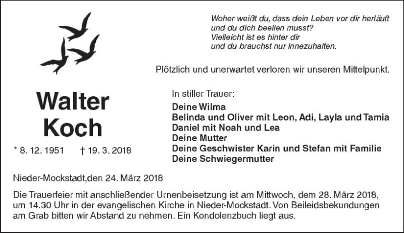  Traueranzeige für Walter Koch vom 24.03.2018 aus  Kreisanzeiger