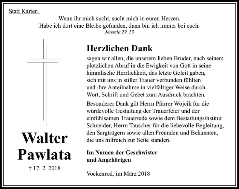  Traueranzeige für Walter Pawlata vom 23.03.2018 aus VRM Trauer