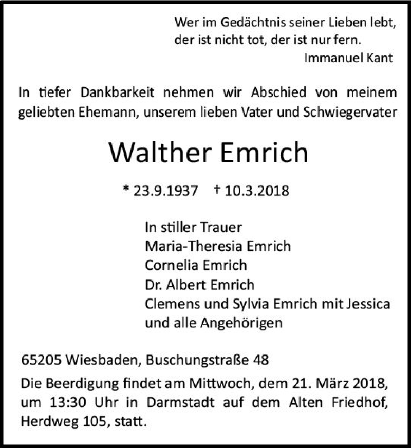  Traueranzeige für Walther Ennrich vom 17.03.2018 aus Trauerportal Rhein Main Presse
