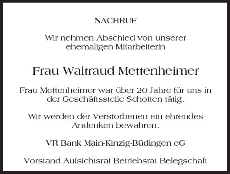  Traueranzeige für Waltraud Mettenheimer vom 17.03.2018 aus  Kreisanzeiger