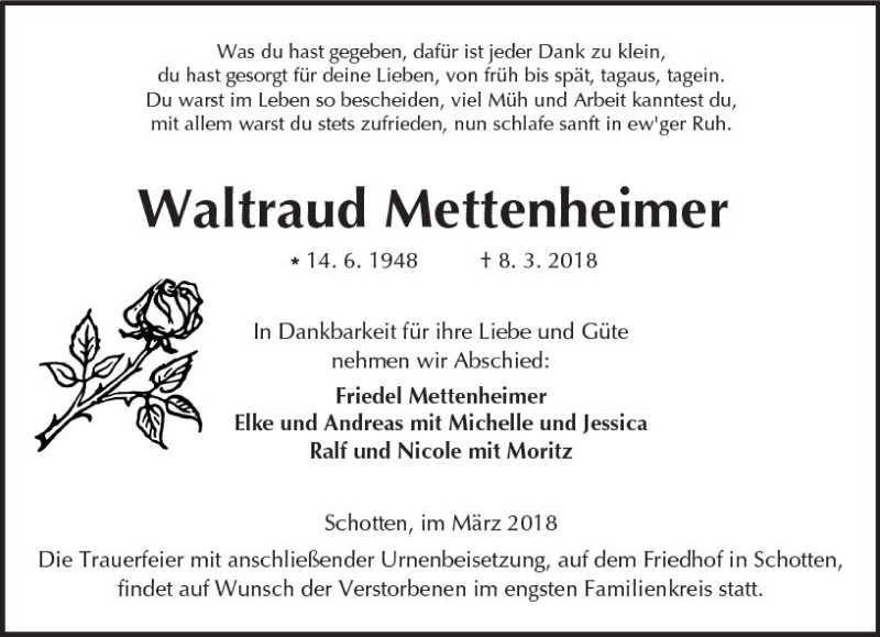  Traueranzeige für Waltraud Mettenheimer vom 17.03.2018 aus  Kreisanzeiger