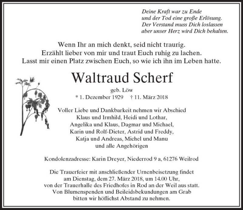  Traueranzeige für Waltraud Scherf vom 24.03.2018 aus  Usinger Anzeiger