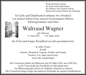 Traueranzeige von Waltraud Wagner von  Usinger Anzeiger
