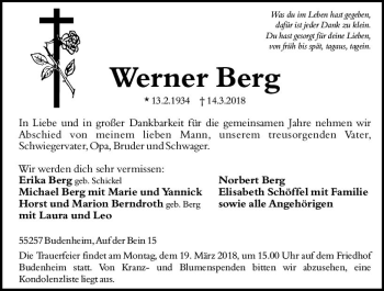 Traueranzeige von Werner Berg von Trauerportal Rhein Main Presse