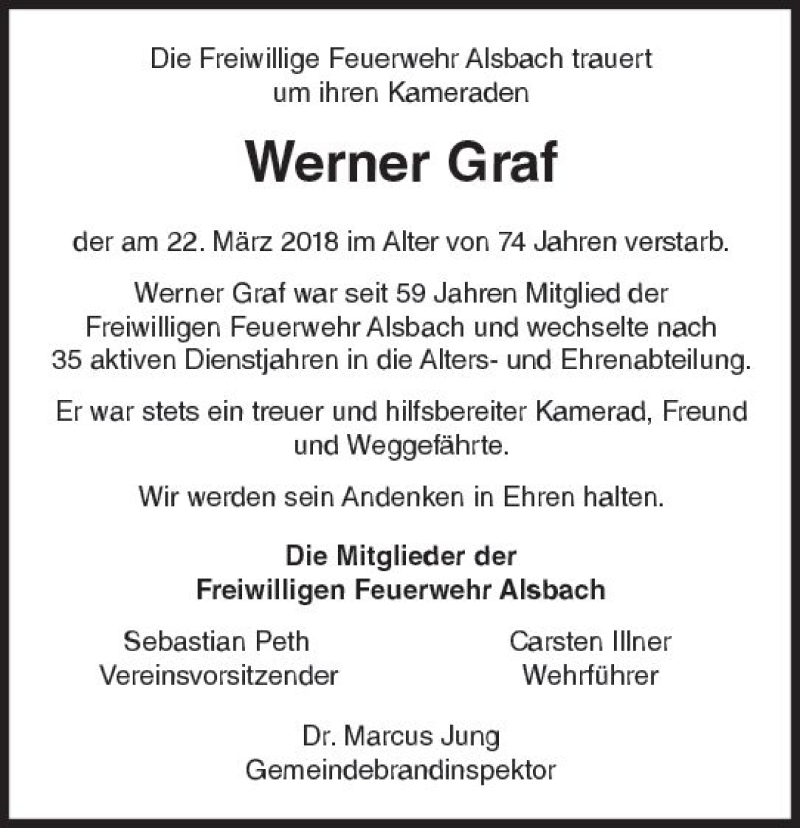  Traueranzeige für Werner Graf vom 31.03.2018 aus Trauerportal Rhein Main Presse