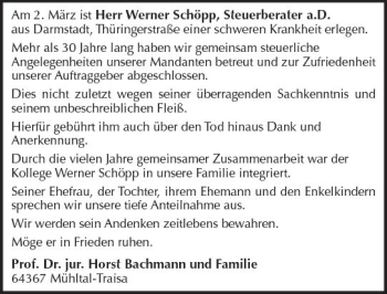 Traueranzeige von Werner Schöpp von Trauerportal Rhein Main Presse
