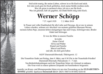 Traueranzeige von Werner Schöpp von Trauerportal Rhein Main Presse