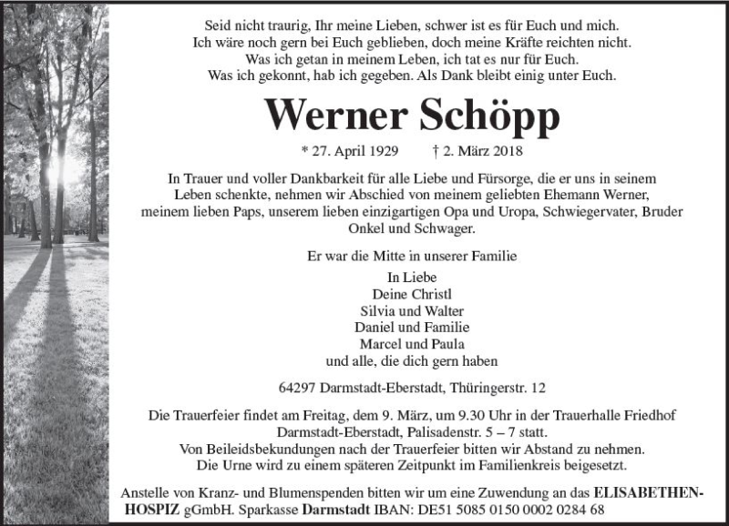 Traueranzeige für Werner Schöpp vom 07.03.2018 aus Trauerportal Rhein Main Presse