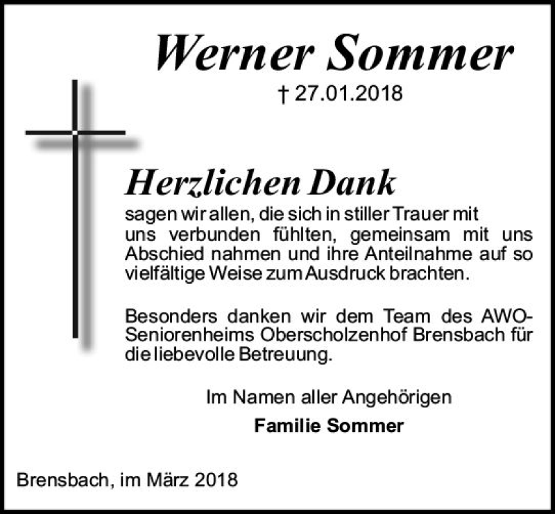  Traueranzeige für Werner Sommer vom 03.03.2018 aus Trauerportal Rhein Main Presse
