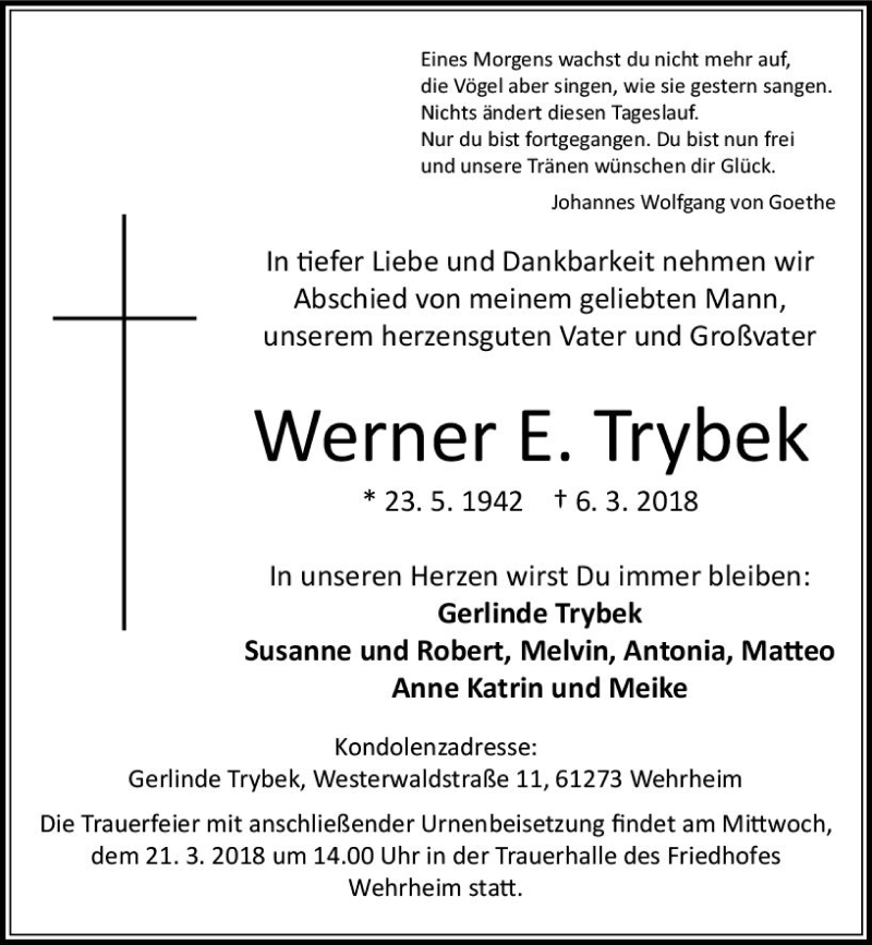  Traueranzeige für Werner E. Trybek vom 15.03.2018 aus  Usinger Anzeiger