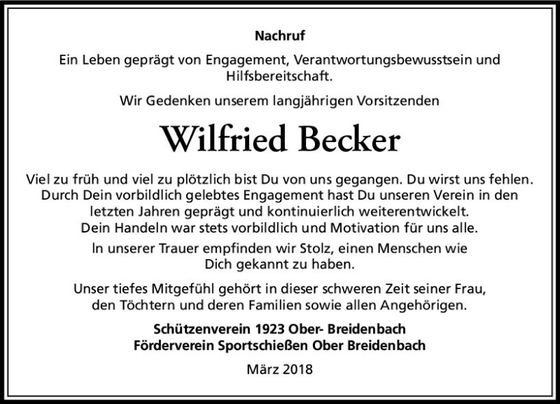  Traueranzeige für Wilfried Becker vom 20.03.2018 aus VRM Trauer