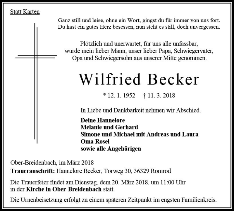  Traueranzeige für Wilfried Becker vom 16.03.2018 aus VRM Trauer