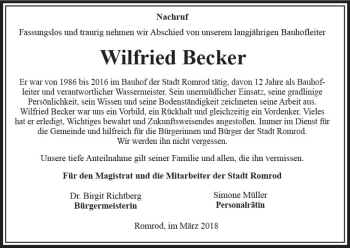 Traueranzeige von Wilfried Becker von VRM Trauer