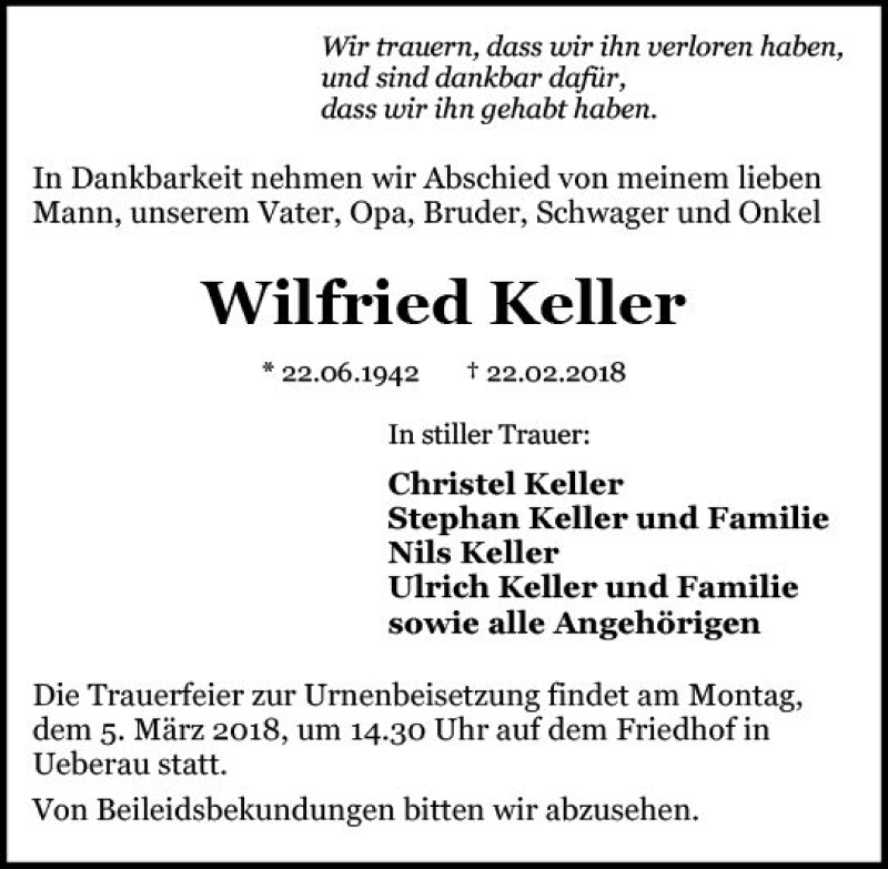  Traueranzeige für Wilfried Keller vom 02.03.2018 aus Trauerportal Rhein Main Presse