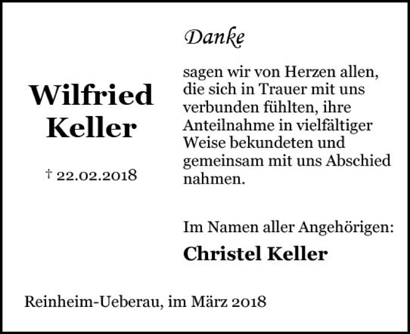  Traueranzeige für Wilfried Keller vom 17.03.2018 aus Trauerportal Rhein Main Presse