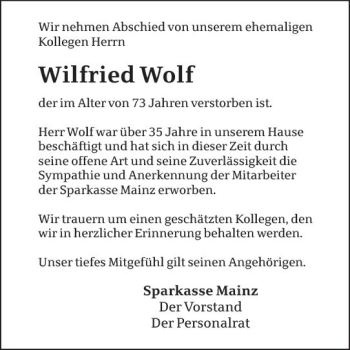 Traueranzeige von Wilfried Wolf von Trauerportal Rhein Main Presse