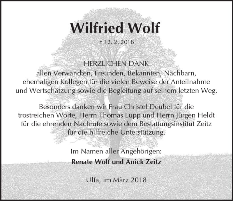  Traueranzeige für Wilfried Wolf vom 10.03.2018 aus  Kreisanzeiger
