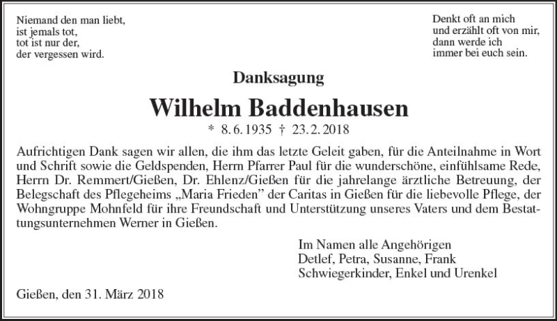  Traueranzeige für Wilhelm Baddenhausen vom 31.03.2018 aus  Gießener Anzeiger