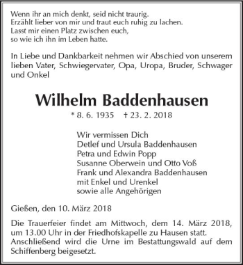 Traueranzeige von Wilhelm Baddenhausen von  Gießener Anzeiger