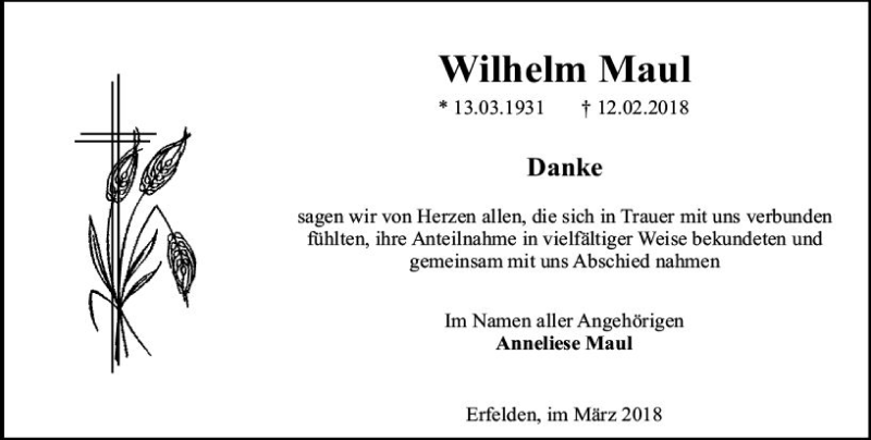 Traueranzeige für Wilhelm Maul vom 17.03.2018 aus Trauerportal Rhein Main Presse