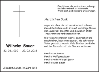 Traueranzeige von Wilhelm Sauer von  Gießener Anzeiger