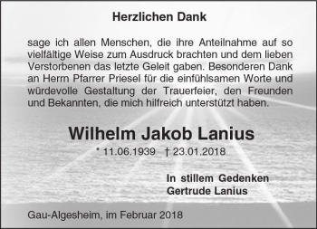 Traueranzeige von Wilhelm Jakob Lanius von Trauerportal Rhein Main Presse