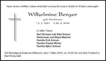 Traueranzeige von Wilhelmine Berger von Trauerportal Rhein Main Presse
