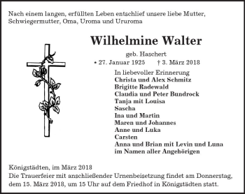 Traueranzeige von Wilhelmine Walter von Trauerportal Rhein Main Presse