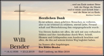 Traueranzeige von Willi Bender von  Camberger Anzeiger
